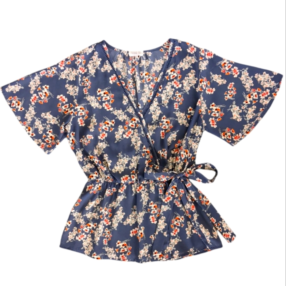 Women's Floral Faux Wrap V-Neck Blouse (Size M)